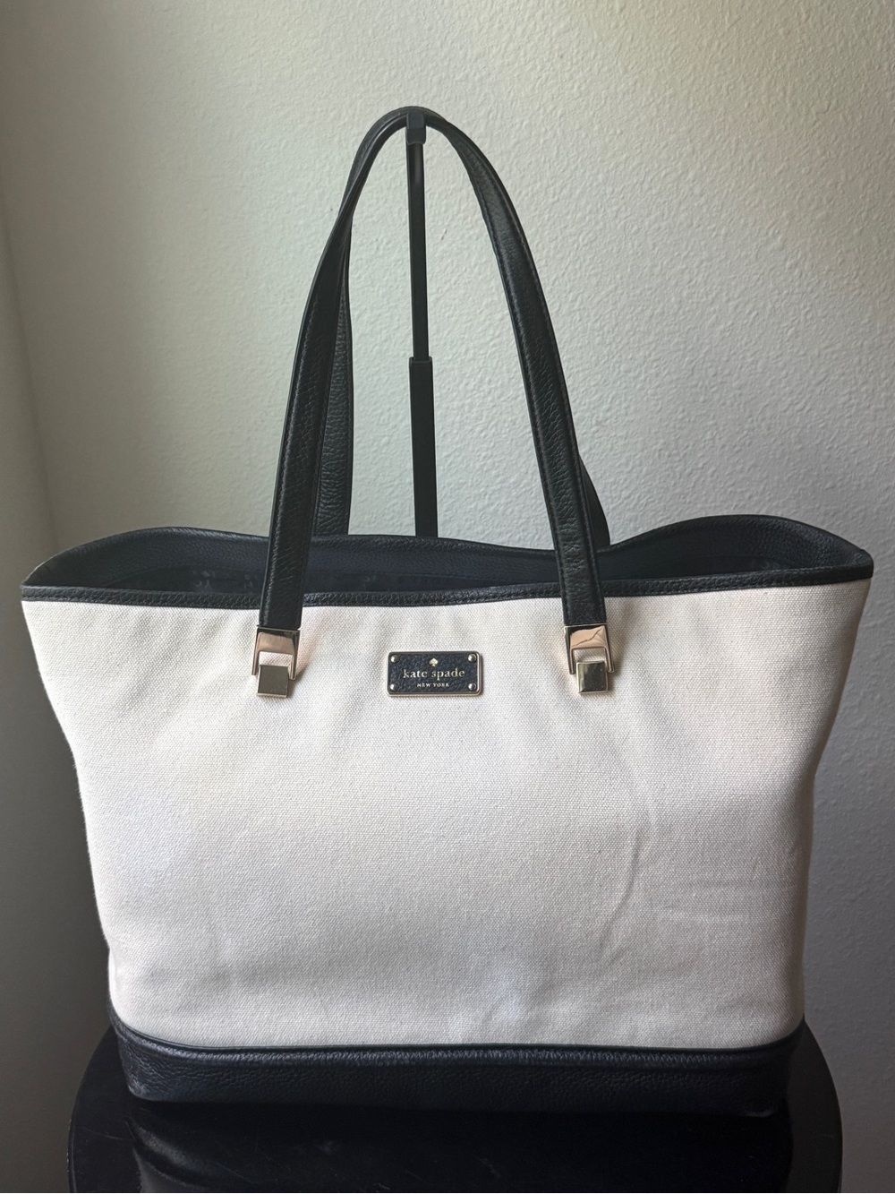 Kate Spade Black and Cream Canvas Tote with Leather Trim
